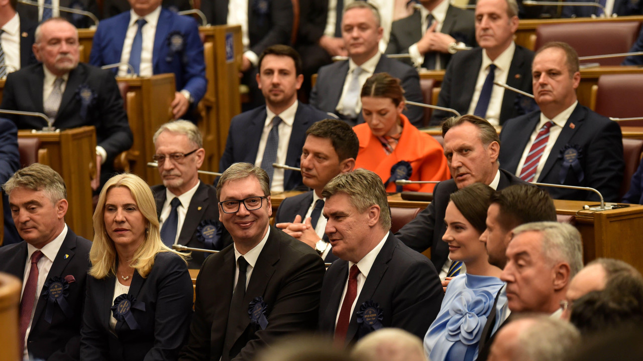 vučić i milanović u skupštini crne gore, Vučić u društvu predsednika Hrvatske Zorana Milanovića u Skupštini Crne Gore na inauguraciji novoizabranog predsednika Crne Gore Jakova Milatovića 20. maja 2023.