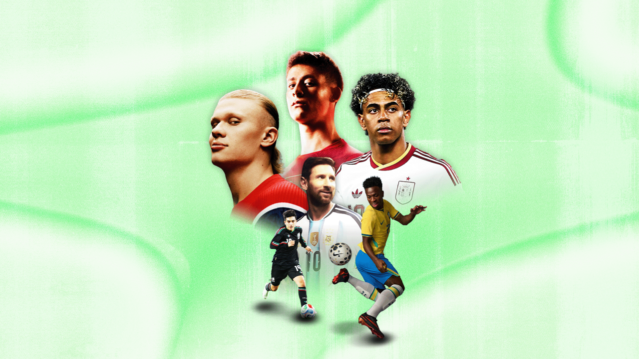 Images of a group of famous footballers including Lamine Yamal, Arda Guler, Erling Haaland, Lionel Messi, Vinicius Jr and Gilberto Mora