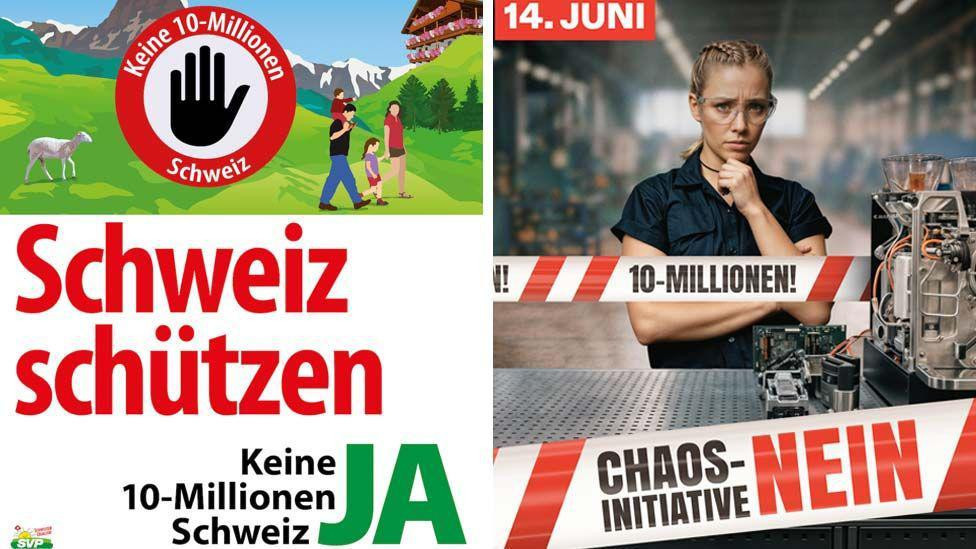 Sa leve strane poster sa pozivom „Ne za 10 miliona Švajcaraca“, a sa desne osuđujuća plana nazvanog „inicijativa haosa“