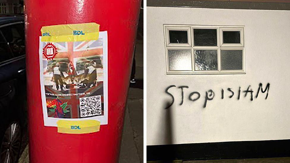 Kombinovana slika prikazuje crveni poštanski sandučić sa zalepljenim posterom koji reklamira organizaciju Direct Action UK i njene kanale na društvenim mrežama, sa zastavama Unije i slikama nereda. Druga slika prikazuje zid na kojem je neko ispisao sprejom „Stop islamu“. 