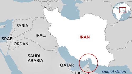 A map highlights the Strait of Hormuz between Iran and Oman, with a red label reading: "Strait of Hormuz: Key route for global oil transport."