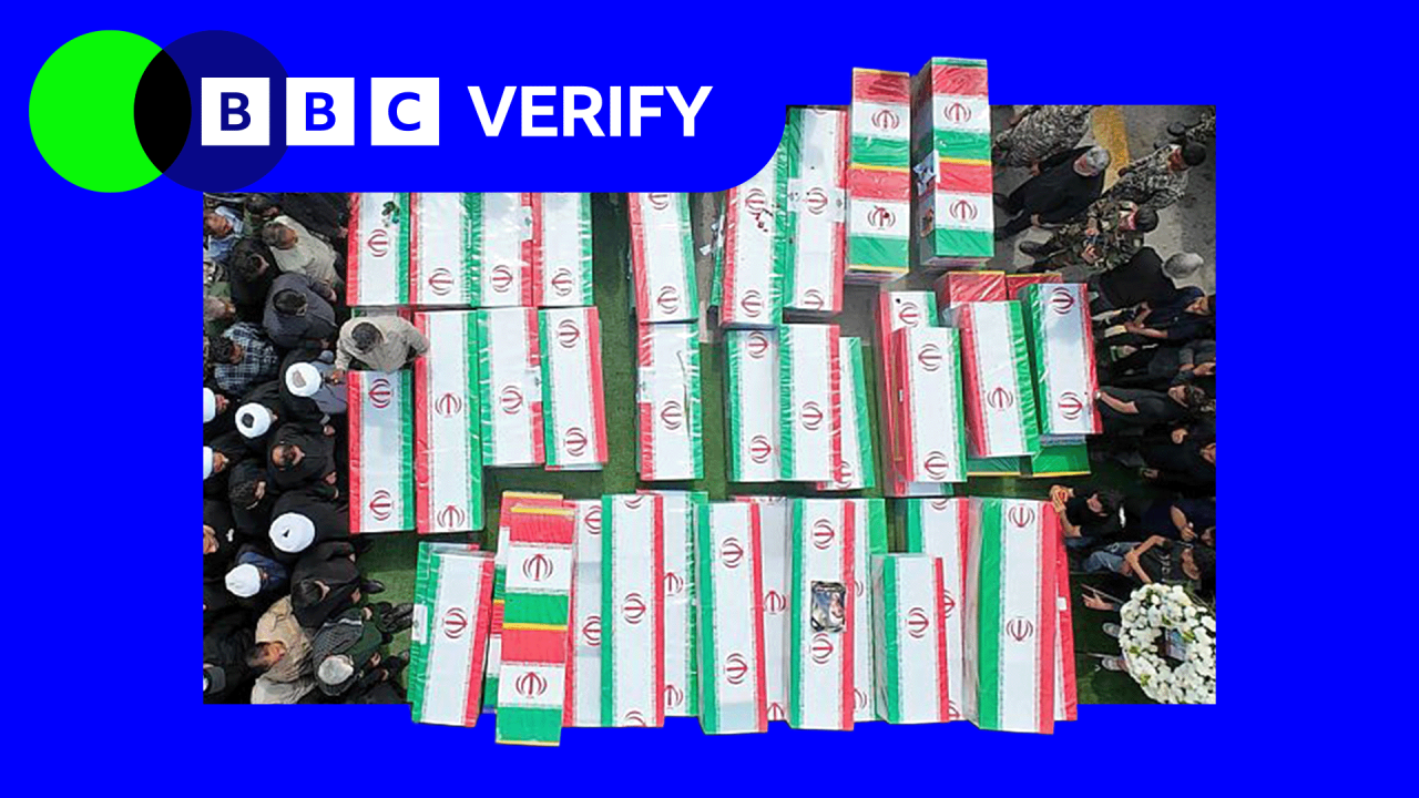 The funeral of students and staff killed in a strike on a girls’ school in Minab, Iran. The image shows Iranian flags draping coffins and surrounded by people. 