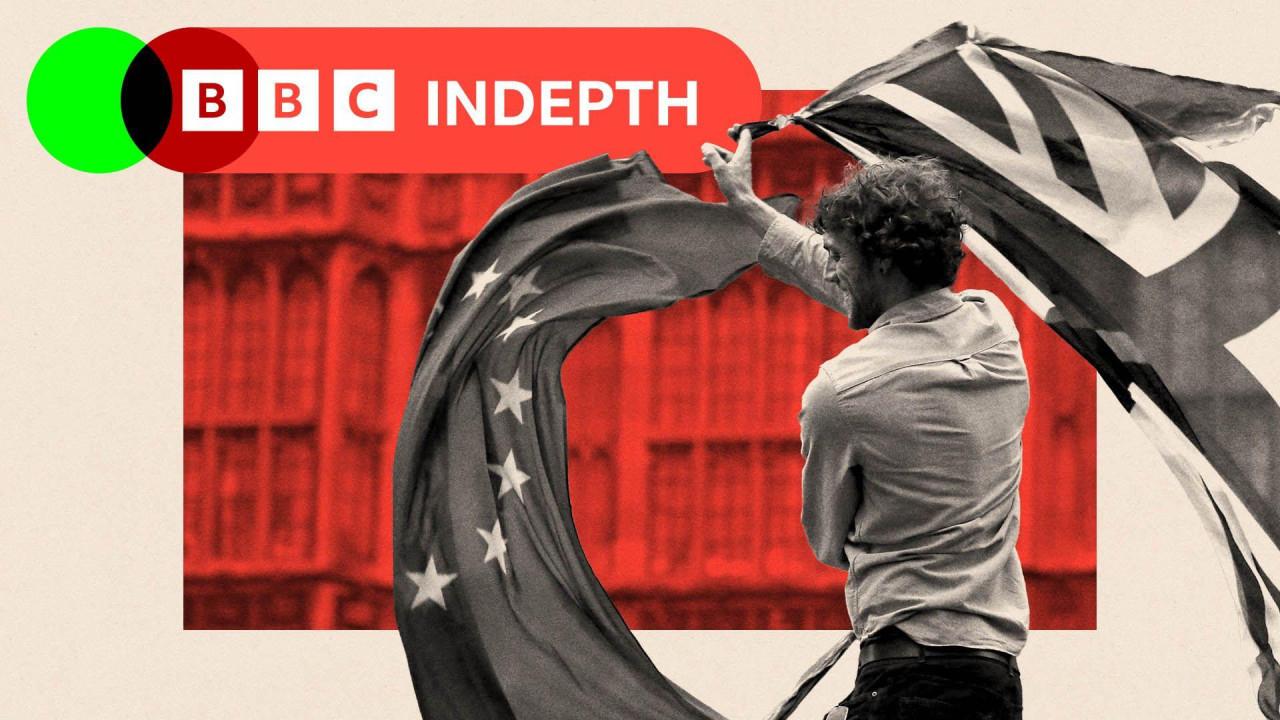 A treated image of a person waving the EU and Great Britain flags