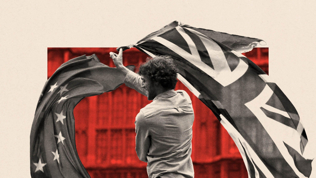 ilustracija muškarca kako maše britanskom i zastavom eu