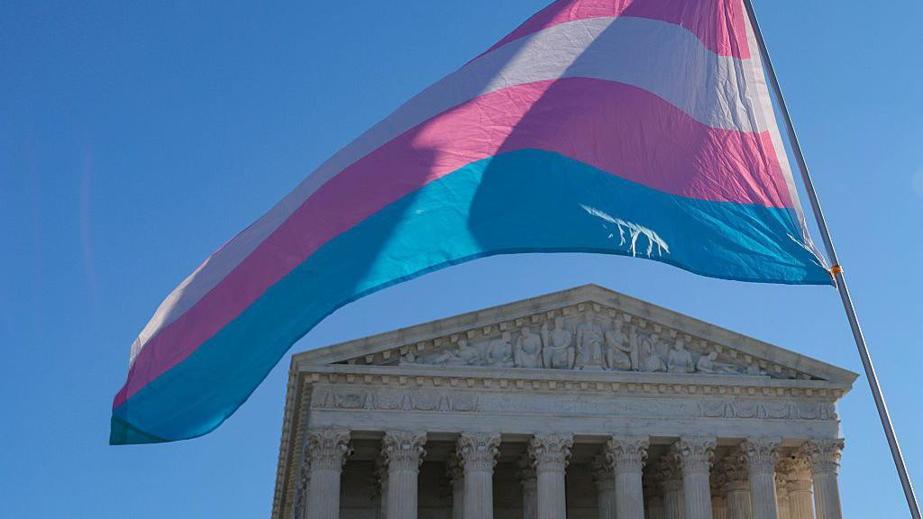 A blue pink and white trans gender flag flies over the US Supreme Court with a blue sky in the background