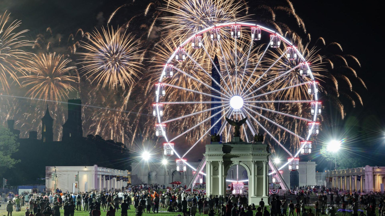 People watch a fireworks display at a Fourth of July rally featuring US President Donald Trump at the National Mall in Washington