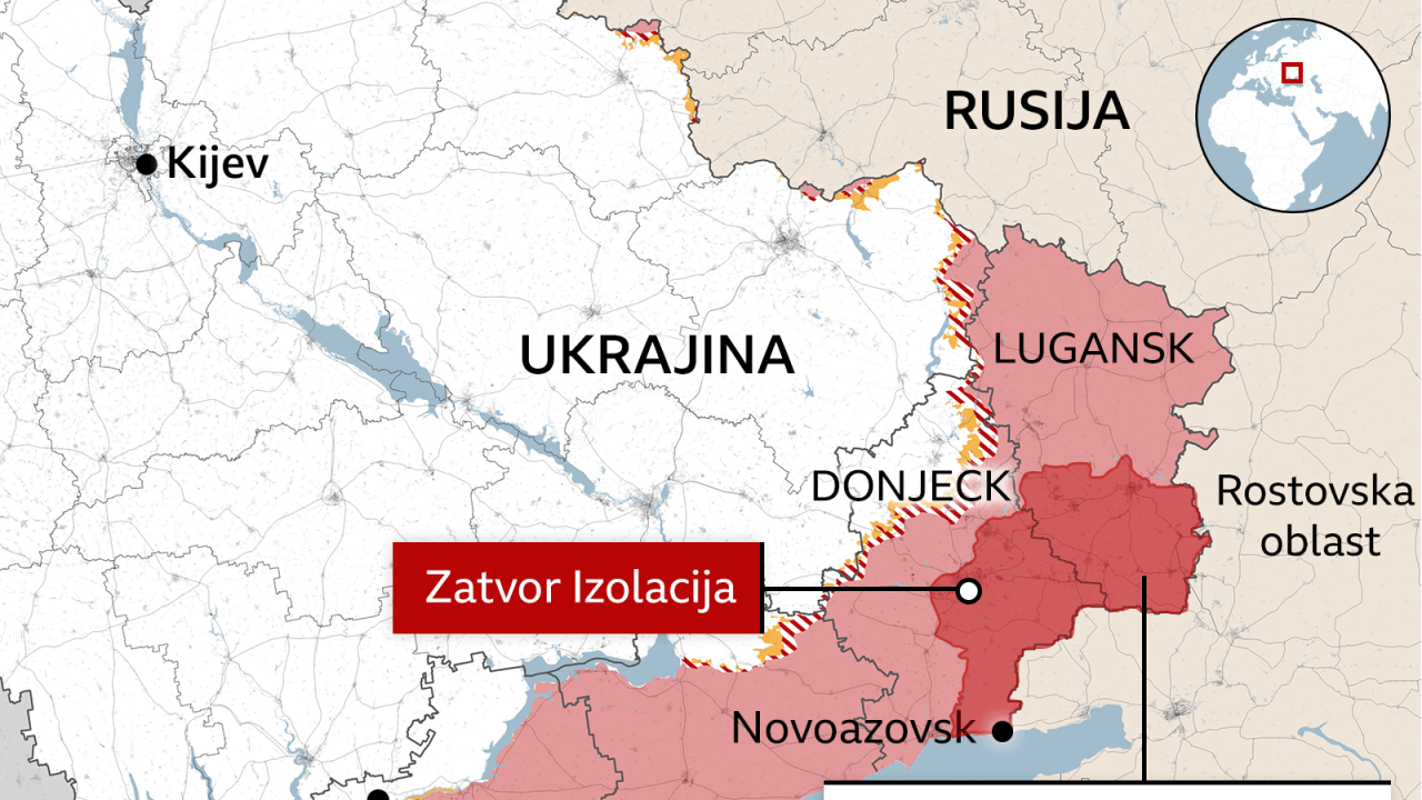 Mapa Ukrajine gde su naznačene oblasti pod ruskom kontrolom, njenom delimičnom, kao i gde je lokacija zatvora Izolacija