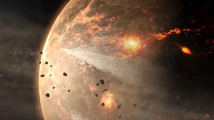 slika stena koje lete oko velike užarene planete