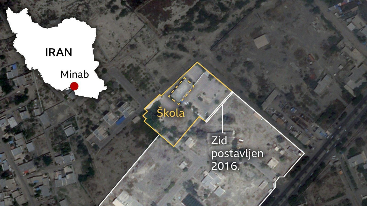 Mapa mesta gde je locirana škola u Iranu i baze u kojoj se nalazila u Minabu