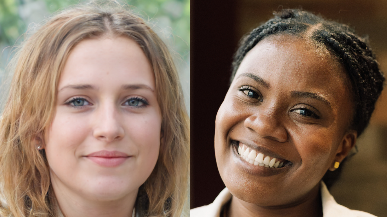 Side-by-side portraits of two realistic-looking women. 