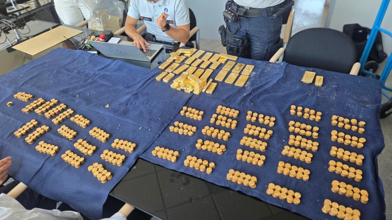 Stotine zlatnih novčića i desetine zlatnih poluga na stolu na tamnoj tkanini