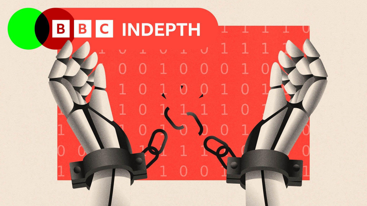 A treated image of robot hands breaking free from handcuffs.