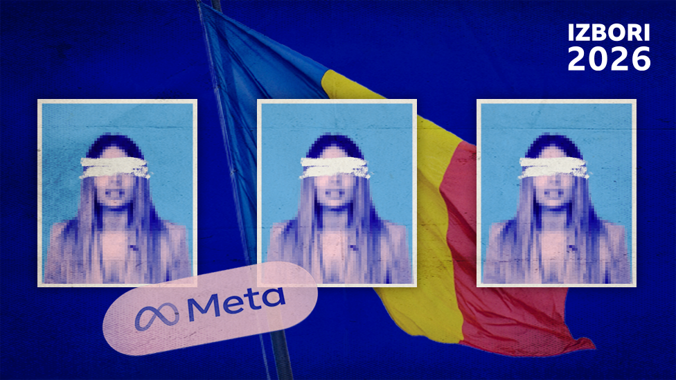ilustracija sa tri slike devojke sa zaštićenim licem, rumunskom zastavom i logom kompanije Meta