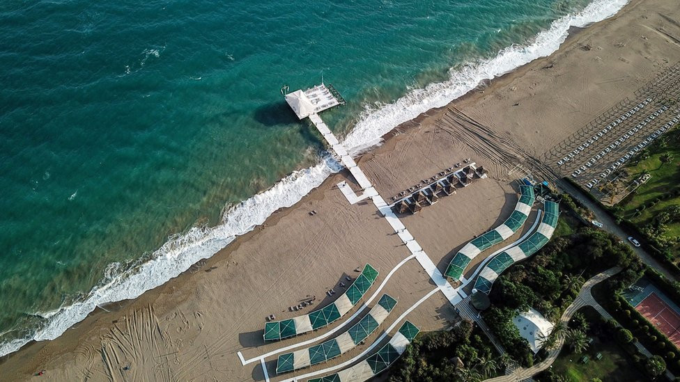 A bird's eye view of a beach on the Turkish coast