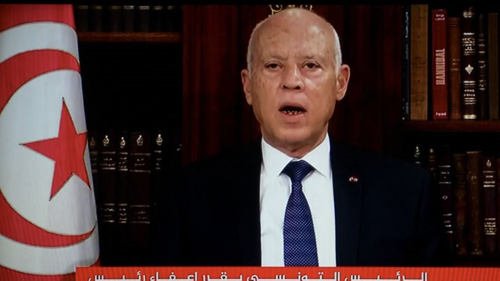 Tunisian president Kais Said speaking on TV