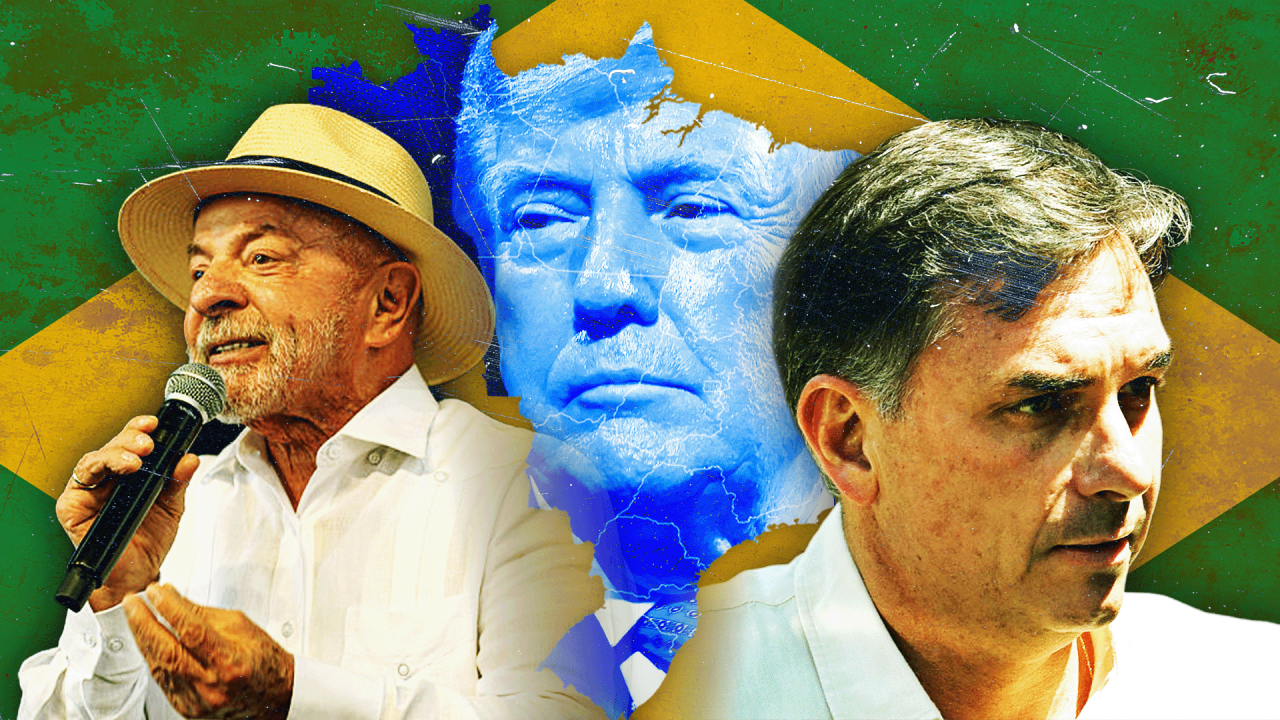 
                    Kombinovana slika na kojoj su brazilski predsednik Luiz Inasio Lula da Silva i desničarski izazivač, senatora Flavio Bolsonaro, američki predsednik Donald Tramp, map i zastav Brazila u pozadini
                