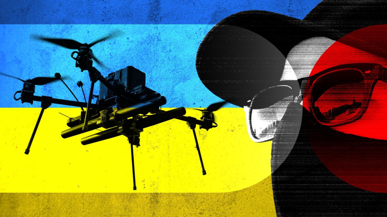 A designed image in red, white, yellow and blue, showing a drone on the left and a man wearing a baseball cap and dark glasses on the right 