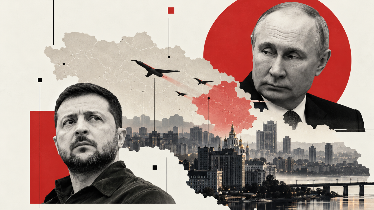 BBC ilustracija Vladimira Zelenskog i Vladimira Putina uz panoramu Kijeva i prikaz raketa iznad grada