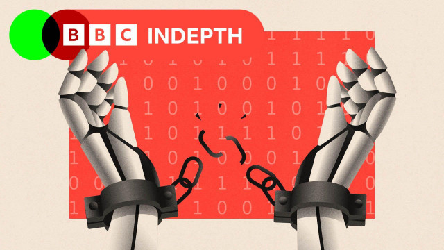 A treated image of robot hands breaking free from handcuffs.
