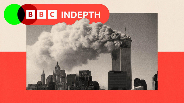 A treated image of smoke pouring from the twin towers of the World Trade Center after they were hit by two hijacked airliners